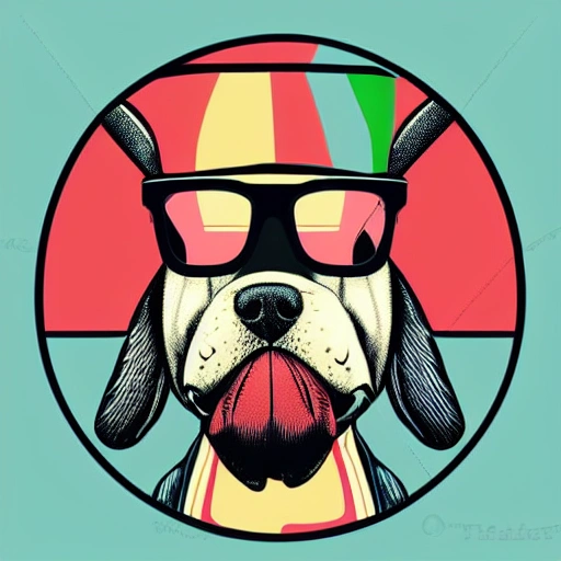 portrait of a hipster dog, art by butcher billy, vintage 1970s  t shirt deaign, colorful, illustration, highly detailed, simple, smooth and clean vector, no jagged lines, vector art, smooth, clear background