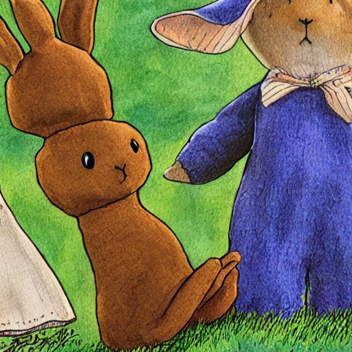 the velveteen rabbit, illustration, children's book, toy, plush, tall, thin, standing on hill, Cartoon, story book, Water Color, Artspace, DeviantArt