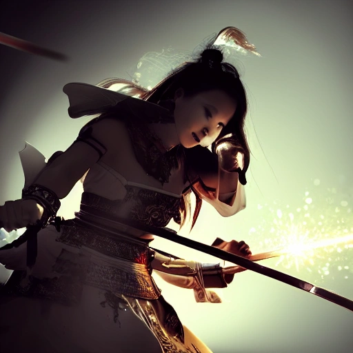 8k girl digital art, using samurai sword, action, spotlight, vivrant, cute samurai girl, beautyful, 3D