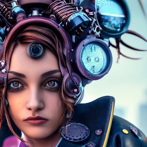detailed, close up portrait of girl standing in a steampunk city with the wind blowing in her hair, cinematic warm color palette, spotlight, perfect symmetrical face, side close up portrait of 1 cyberpunk girl, detailed face, spotlight, cyberpunk city, wired, multicolored, vibrant high contrast, hyperrealistic, photografic, 8k, epic ambient light, octane render

