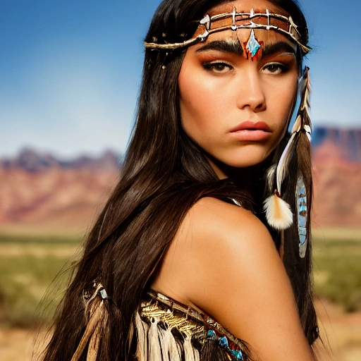 mdjrny-v4 style portrait photograph of Madison Beer as Pocahontas, young beautiful native american woman, perfect symmetrical face, feather jewelry, traditional handmade dress, armed female hunter warrior, (((wild west))) environment, Utah landscape, ultra realistic, concept art, elegant, ((intricate)), ((highly detailed)), depth of field, ((professionally color graded)), 8k, art by artgerm and greg rutkowski and alphonse mucha, on bikini

