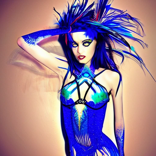 portrait of 1 sexy girl, dancing, having a feather, slender and slim, extremely sexy exotic dancing costume, detailed blue eyes, bright and vivid colors, digital art, multicolored, vibrant high contrast, hyper detailed, highly intricate, concept art, extremely coherent symmetrical face, award winning photograph, very photographic, vivid shadow effect, extremely realistic, rim lighting, sharp focus, 8k resolution wallpaper, smooth, denoise