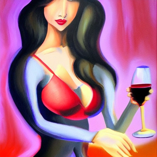 Sexy girl, dancing in club, holding a cup of wine, 3D, Oil Painting