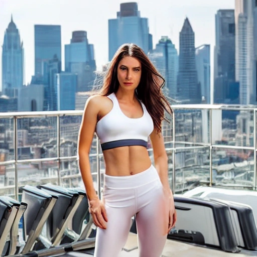 professional photo of a beautiful young woman, gorgeous beauty, sweaty pale skin, symmetrical face, wearing white sports bra, toned stomach, perfect boobs, dense voluminous hair, rooftop terrasse gym in background, penthouse environment, stunning background with city view, cinematic lighting, highly detailed, intricate, sharp focus, (((depth of field))), (((f/1.8))), 85mm, (((professionally color graded))), (((dusk))), soft diffused light, volumetric fog, hdr 4k, 8k


