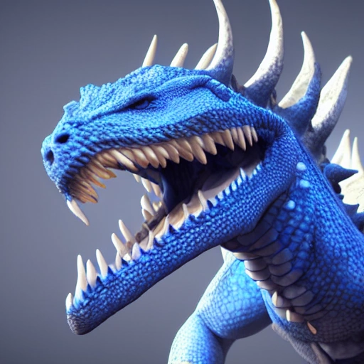 Hyper realistic 4K model, unreal engine Eye level view side-view extra-wide angle full-body portrait of a Blue Dragon on a white background.