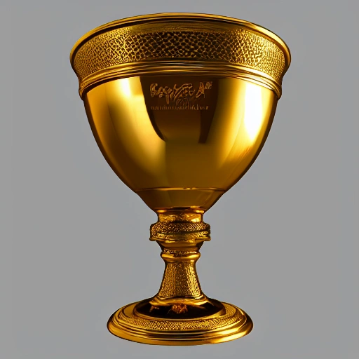 Hyper realistic 4K model, Unreal Engine Eye level view extra-wide angle full-body portrait of a Gold Chalice on a white background.