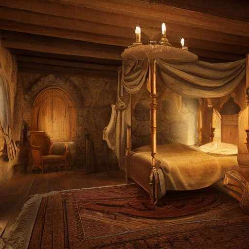 Hyper realistic 4D model, Unreal Engine, Eye level view of a Medieval Bedroom with a large four-poster bed in the center, covered in luxurious fabrics and furs. The room is dimly lit by candles, and there is a fire burning in the fireplace, casting flickering shadows on the walls. The walls are made of stone, and there are tapestries hanging on them depicting hunting scenes. A wooden chest sits at the foot of the bed, and a wooden chair is in the corner by the fireplace.