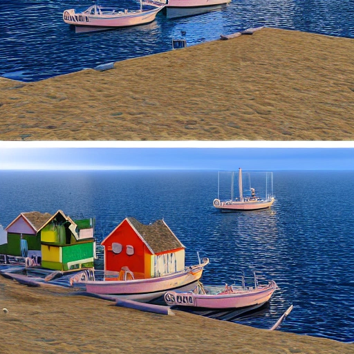 Hyper realistic 4D model, unreal engine, Eye level view of a Seaside Frankish fishing village with fishing boats coming back from a day's catch at dusk while overcast, in spring.