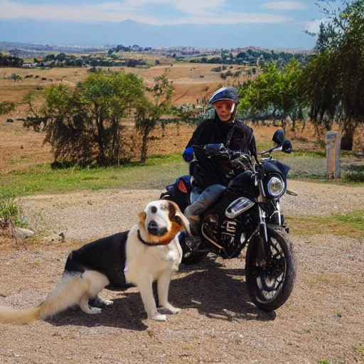 dog labrador in moto montanias y cielo estrellado
