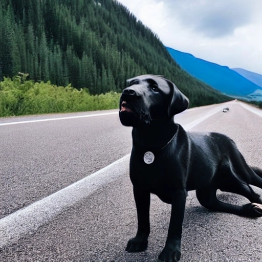 black labrador retriever driving on a motorcycle on a road with mountains and the background is the solar system