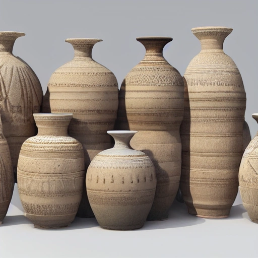 Hyper realistic 4K model, Unreal Engine Eye level view extra-wide angle full-body portrait of Harappan Painted Pottery Urns on a white background.