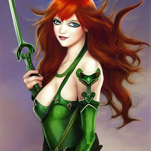 redhead, green eyes, female, ranger, fantasy, semi elf, with long bow, and two swords