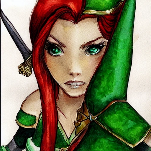 redhead, green eyes, female, ranger, fantasy, semi elf, with long bow, and two swords, Water Color