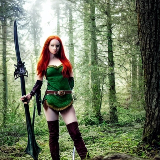 redhead, green eyes, female, ranger, fantasy, semi elf, with long bow, and two swords, chainmail, in a forest, with a wolf companion