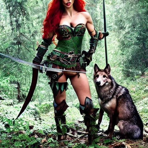 adriana lima, redhead, green eyes, female, ranger, fantasy, semi elf, with long bow, and two swords, chainmail, in a forest, with a wolf companion