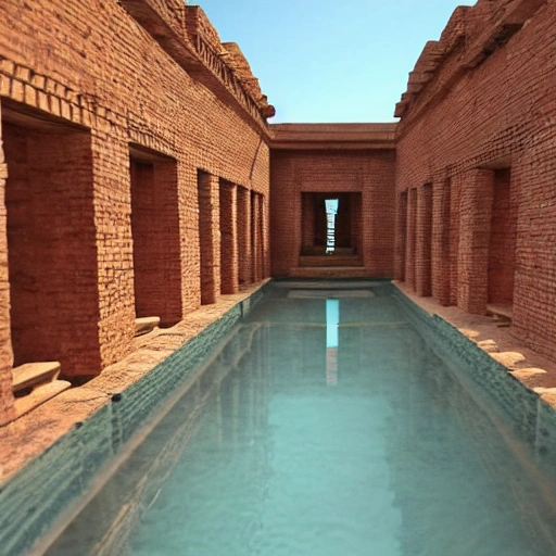 Hyper realistic 4D model, Unreal Engine, Eye level view of a Harappan Bath, a type of public bath that was commonly found in the ancient Indus Valley Civilization. The bath is made of brick and has a large rectangular pool filled with warm water. Steps lead down into the pool, and there are small changing rooms around the sides. Water is channeled into the bath from a nearby source and drains out through an elaborate system of brick channels. The walls are adorned with intricate carvings and paintings depicting scenes of daily life.