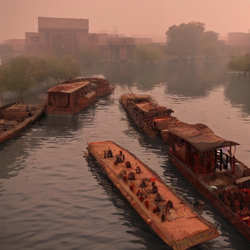 Hyper realistic 4D model, unreal engine, Eye level view of a Harappan River Boat filled with merchants and their goods floating down a river at dawn while misty, in winter.