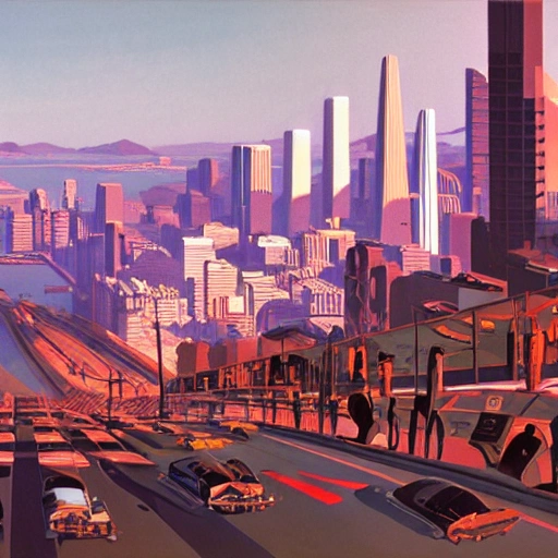 "Busy San Francisco in the year 2100" by Syd Mead, 8k, muted tones