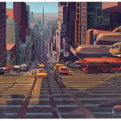 "Busy San Francisco in the year 2100" by Syd Mead, 8k, muted tones, 3D