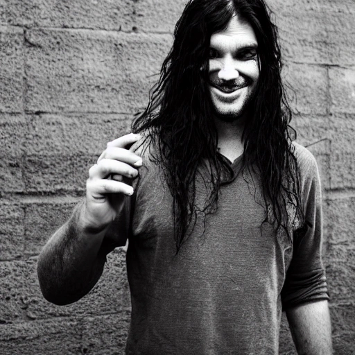 portrait of a man with dark eyes and an empty look who is staring and has  with long black hair and grey strands and an intriguing mouth with a mysterious but kind grin smile and the man's delicate hands hold a ray of light coming from a street lamp, the man is standing on suspended black volcanic rock that floats in the air during the night with dark clouds and light rain, shot with Pentacon Six, square format, 120mm film, CineStill 800T Tungsten, 50 mm, f 1.4, cinematic, photography, no bokeh, realistic, photorealism