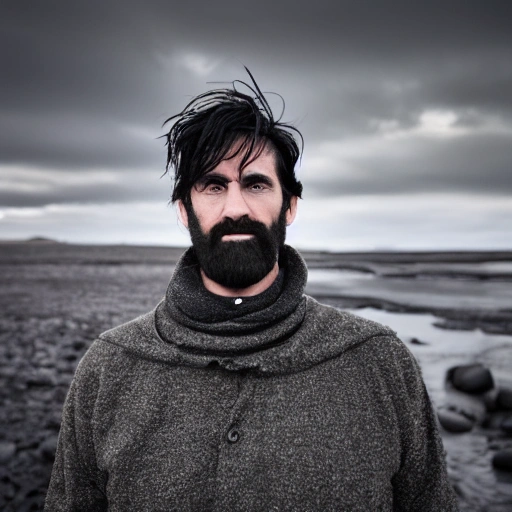 intruiging picture of a man with dark eyeslong black hair and grey strands, he has an empty look who is staring and has an intriguing mouth with a little mysterious grin smile, an icelandic background with black volcanic rock, it is night with dark clouds and light rain, shot with Pentacon Six, square format, 120mm film, CineStill 800T Tungsten, 50 mm, f 1.4, cinematic, photography, no bokeh, realistic, photorealism