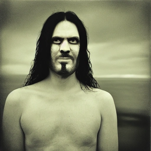 intruiging picture of a gothic man with dark eyes and long black hair with grey strands, he has an empty look and is starin, has an intriguing mouth with a little mysterious grin smile, an blurred Icelandic background with black volcanic rock, it is dark with heavy clouds and light rain, shot with Pentacon Six, square format, 120mm film, CineStill 800T Tungsten, 50 mm, f 1.4, cinematic, photography, no bokeh, realistic, photorealism