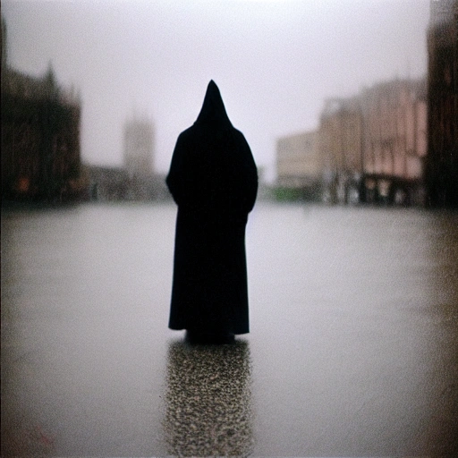  it is dark with heavy clouds and light rain, shot with Pentacon Six, square format, 120mm film, CineStill 800T Tungsten, 50 mm, f 1.4, cinematic, photography, no bokeh, realistic, photorealism, in the foreground you see intruiging picture of a gothic man with dark eyes and long black hair with grey strands, he has an empty look and is starin, has an intriguing mouth with a little mysterious grin smile, an blurred Icelandic background with black volcanic rock