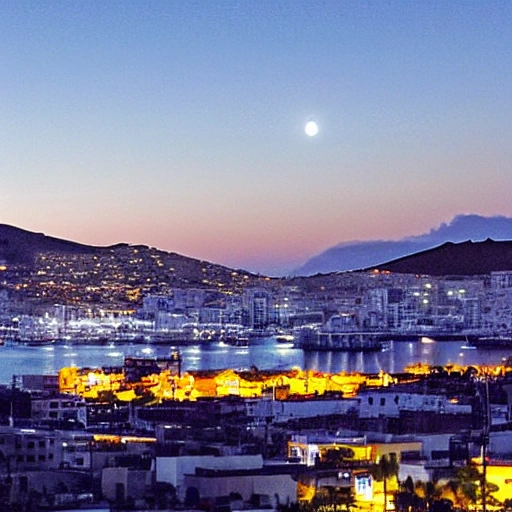 Las Palmas de Gran Canaria de noche con fuegos artificiales y luna llena