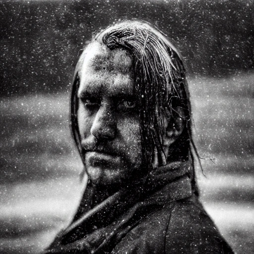  it is dark with heavy clouds and light rain, intruiging shot of a gothic man with dark eyes and long black hair with grey strands, he has an empty look and is staring, has an intriguing mouth with a little mysterious grin smile, in the background we see a blurred Icelandic scenery with black volcanic rock, shot with Pentacon Six, square format, 120mm film, CineStill 800T Tungsten, 50 mm, f 1.4, cinematic, photography, no bokeh, realistic, photorealism, 