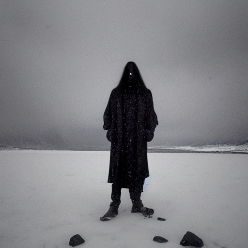  it is dark with heavy clouds and light rain, intruiging shot of a gothic man with dark eyes and long black hair with grey strands, he has an empty look and is staring, has an intriguing mouth with a little mysterious grin smile, in the background we see a blurred Icelandic scenery with black volcanic rock, shot with Pentacon Six, square format, 120mm film, CineStill 800T Tungsten, 50 mm, f 1.4, cinematic, photography, no bokeh, realistic, photorealism