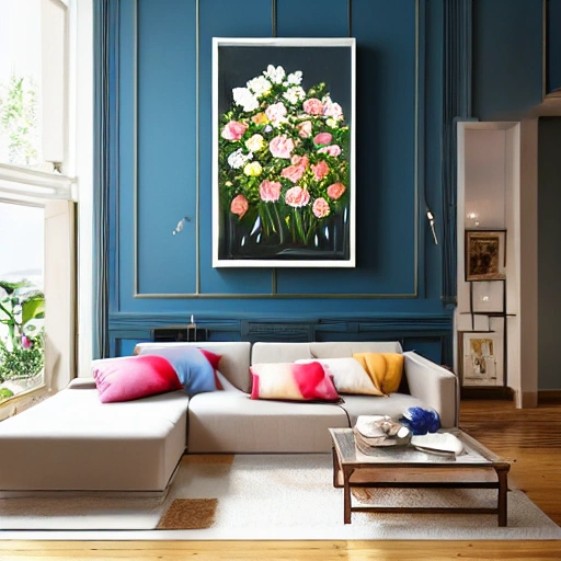 painting of a bouquet of flowers in vase, interior design in bac ...