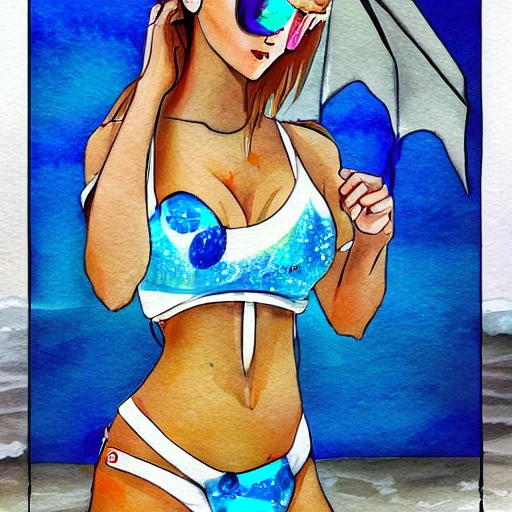 Estilo cyberpunk, chica anime, bello rostro, con cara detallada, bikini blanco, escole xl, en una playa con luz del sol, Water Color