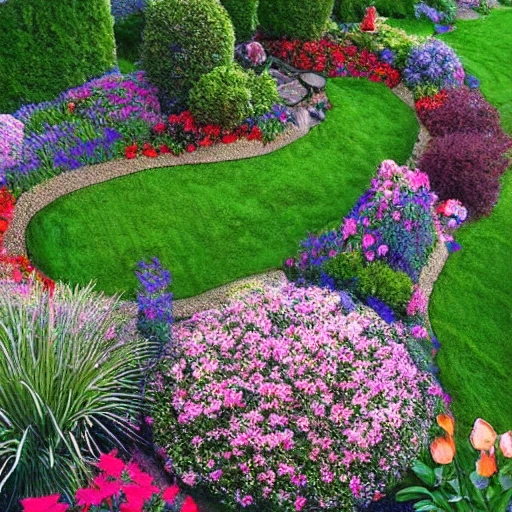 Please create a picture of a garden with a bird's eye view perspective. The garden should have a circular shape with a stone path running around the entire perimeter. The path should be surrounded by a border of green grass and colorful flowers growing in flower beds. In the center of the garden there should be a pond with a bridge over it. Please include realistic details in all elements, such as the texture of the stone and the leaves of the flowers.