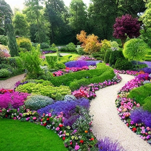 Please create a picture of a garden with a bird's eye view perspective. The garden should have a circular shape with a stone path running around the entire perimeter. The path should be surrounded by a border of green grass and colorful flowers growing in flower beds. In the center of the garden there should be a pond with a bridge over it. Please include realistic details in all elements, such as the texture of the stone and the leaves of the flowers., 3D