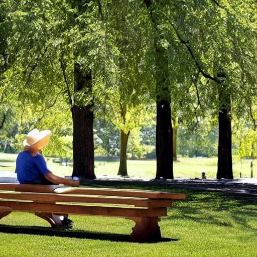 Please create an image of a person sitting on a bench in a park, in a shady area. The person should be reading a book and appear to be relaxed and at peace. Please include realistic details about the person, such as clothing, posture, and facial expression. In addition, it includes details in the environment, such as the texture of the wood of the bench, the texture of the leaves of the trees that provide the shade, and the legible text on the pages of the book you are reading, 3D