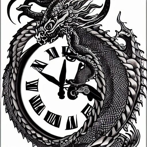 Design a unique and captivating tattoo featuring a dragon coiled around a clock with its tail forming the clock's hands. The dragon should be depicted with intricate scales, flames, and piercing eyes, 