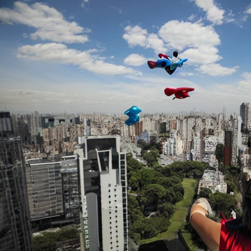 power rangers megazords flying away in the sky
 from a bolcony in the 23th floor of a flat in Buenos Aires. Point of view from behind