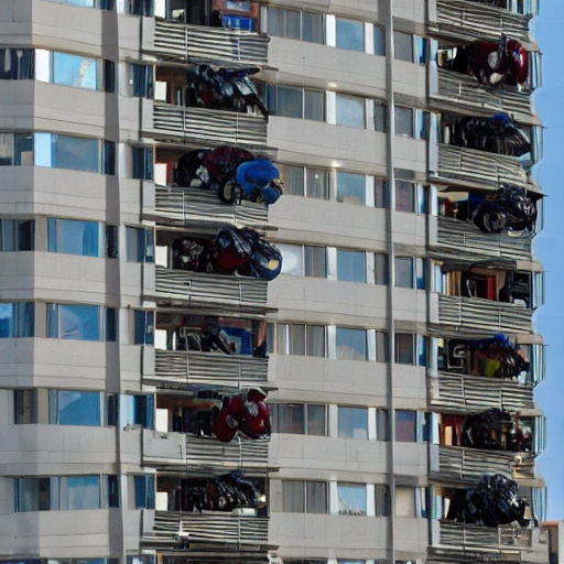 2 big power rangers megazords flying away in the sky
 from a bolcony in the 23th floor of a flat in Buenos Aires. Point of view from behind