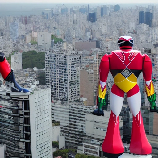 2 big power rangers megazords flying away in the sky
 from a bolcony in the 23th floor of a flat in Buenos Aires. Point of view from behind