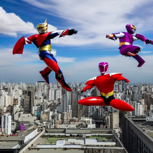 2 big power rangers megazords flying away in the sky
 from a bolcony in the 23th floor of a flat in Buenos Aires. Point of view from behind, 3D