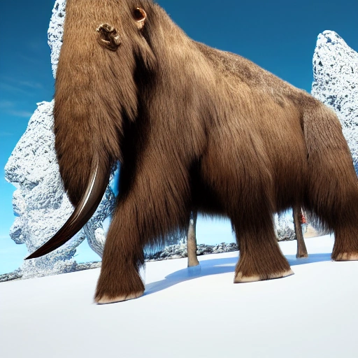 Hyper realistic 4K model, unreal engine Eye level view side-view extra-wide angle full-body portrait of a Mammoth on a white background.