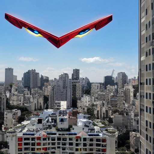 2 big power rangers megazords flying away in the sky
 from a bolcony in the 23th floor of a flat in Buenos Aires.