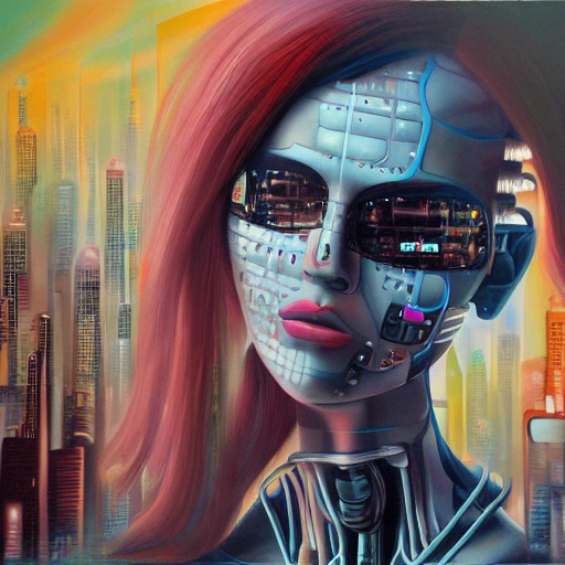 Mia Kalifa, face robot, body cyberpunk, city tokio, Oil Painting, 3D, Trippy