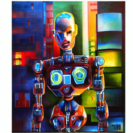 Rubius, face robot, body cyberpunk, city tokio, Oil Painting, 3D, Trippy