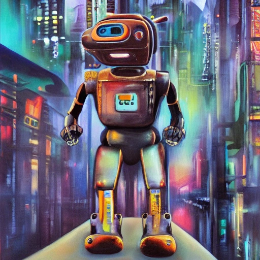 Dog, face robot, body cyberpunk, city tokio, Oil Painting, 3D, Trippy