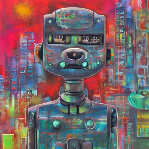Dog, face robot, body aqua, city tokio, Oil Painting, 3D, Trippy, Water Color