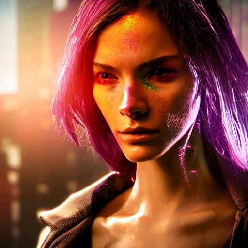 jerusalen side close up portrait of 1 cyberpunk girl, detailed face, spotlight, cyberpunk city, wired, multicolored, vibrant high contrast, hyperrealistic, photografic, 8k, epic ambient light, octane render