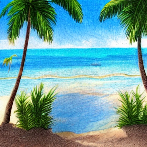 calm, caribean sea, palms, relax., kids, family, Pencil Sketch