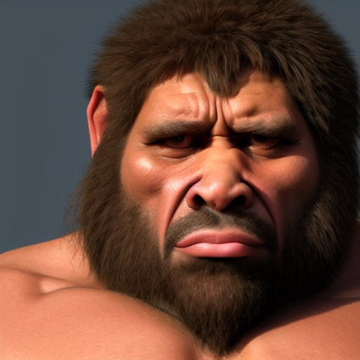 Hyper realistic 4K model, unreal engine Eye level view extra-wide angle full-body portrait of a Neanderthal who looks like John Sledge, standing character on a white background. Square image.