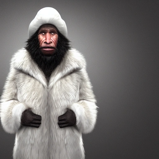 full-body portrait Hyper realistic 4K model, unreal engine Eye level view extra-wide angle of a Neanderthal dressed in furs who looks like John Sledge, standing character on a white background. Square image.